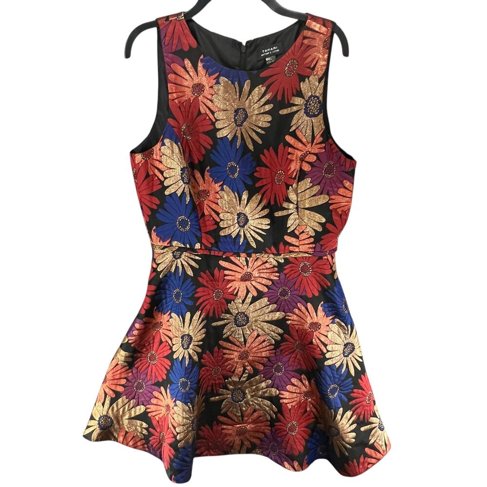 Tahari Fit Flare Dress Womens 10 Multicolor‎ Floral Jacquard Metallic Feminine